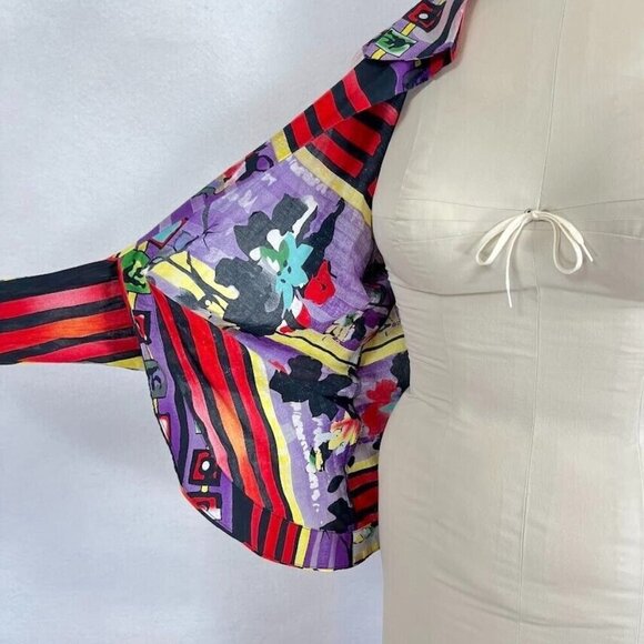 Mishca Front Tie Multi Colored Blouse 3/4 Length Sleeves Abstract Floral Artsy - Picture 2 of 5